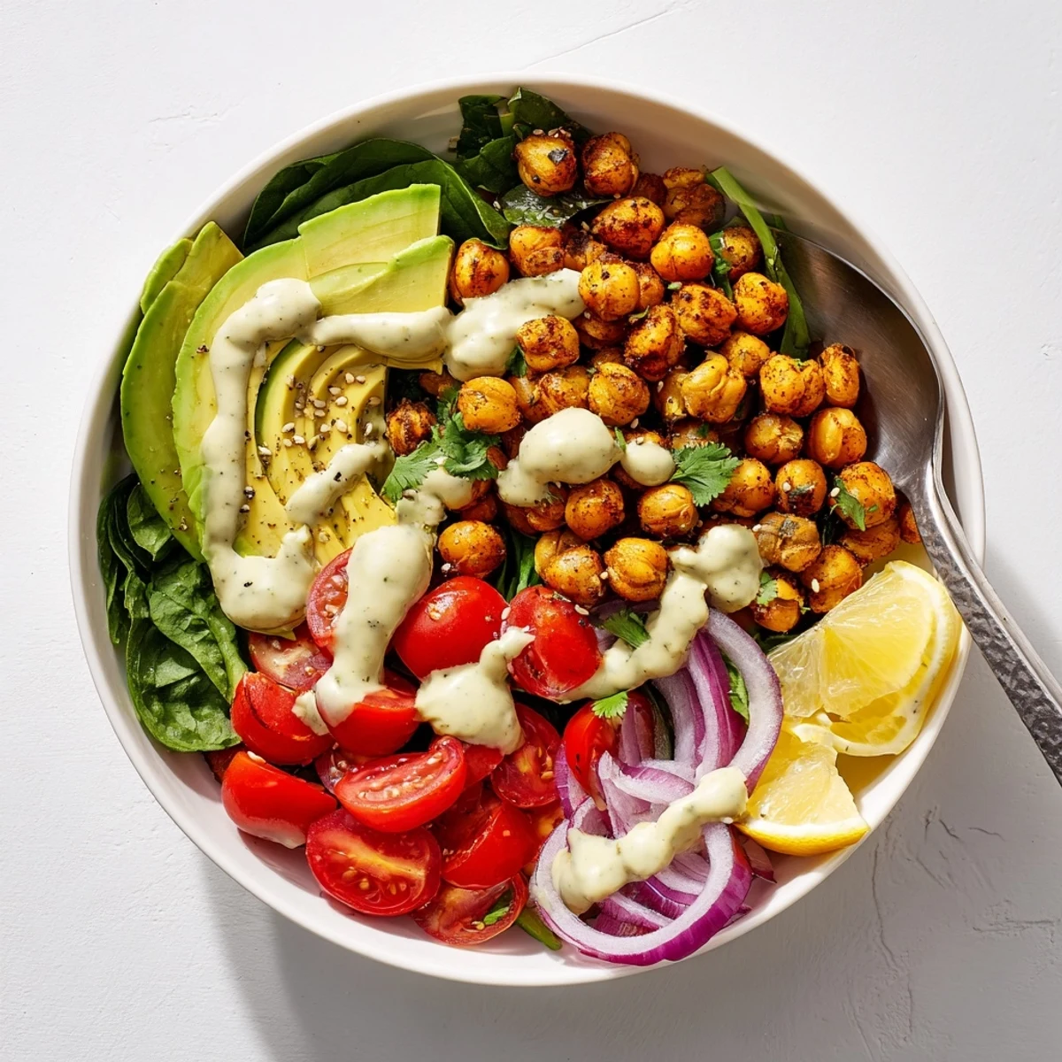 Golden spiced chickpeas and creamy avocado slices arranged over fresh spinach in a colorful breakfast bowl