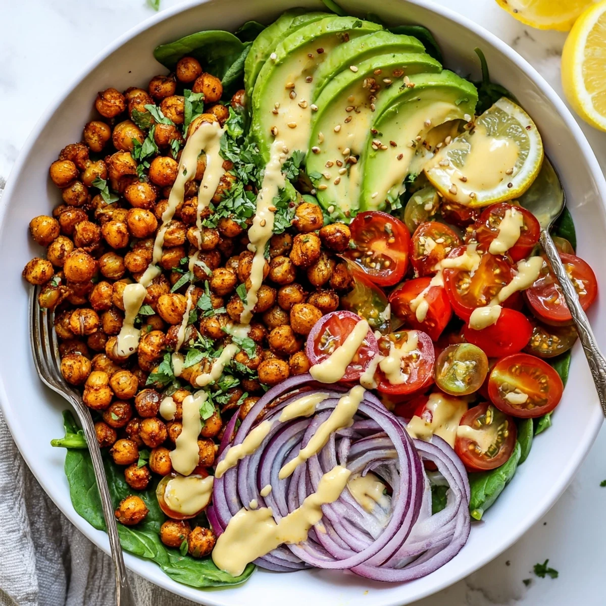 Protein-packed savory spiced chickpea and avocado breakfast bowl served with fresh vegetables and lemon wedges