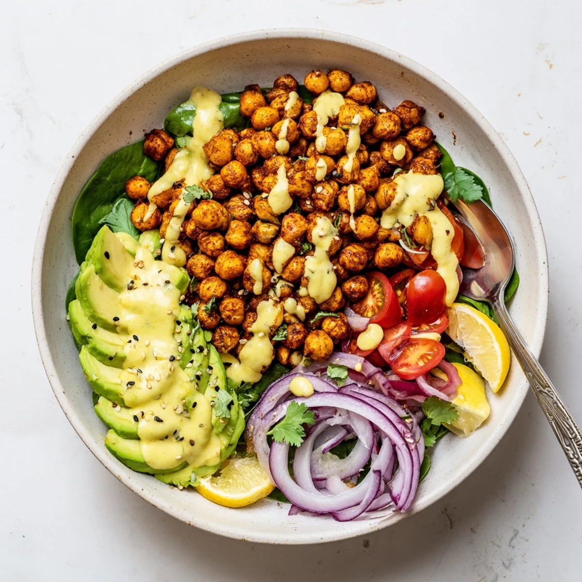 Vibrant vegan breakfast bowl topped with crispy roasted chickpeas avocado tomatoes and tangy tahini drizzle