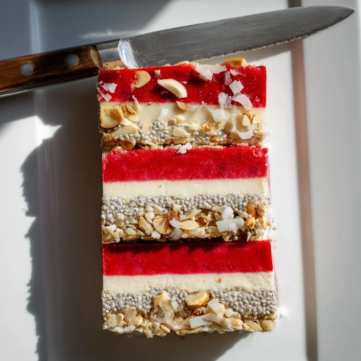 Vegan gluten free strawberry vanilla cashew cream bars with swirls of red fruit puree