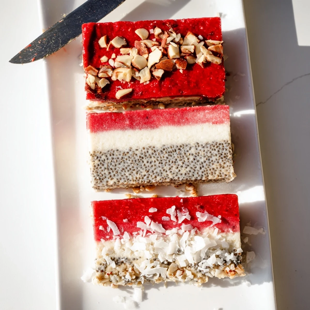 No bake strawberry vanilla cashew cream bars sliced into squares on a white plate