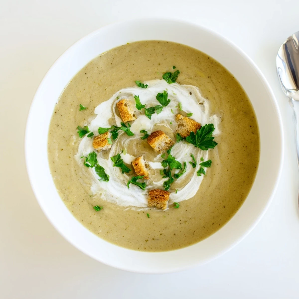 Velvety smooth broccoli stem soup blended with white beans and topped with chopped parsley and toasted seeds