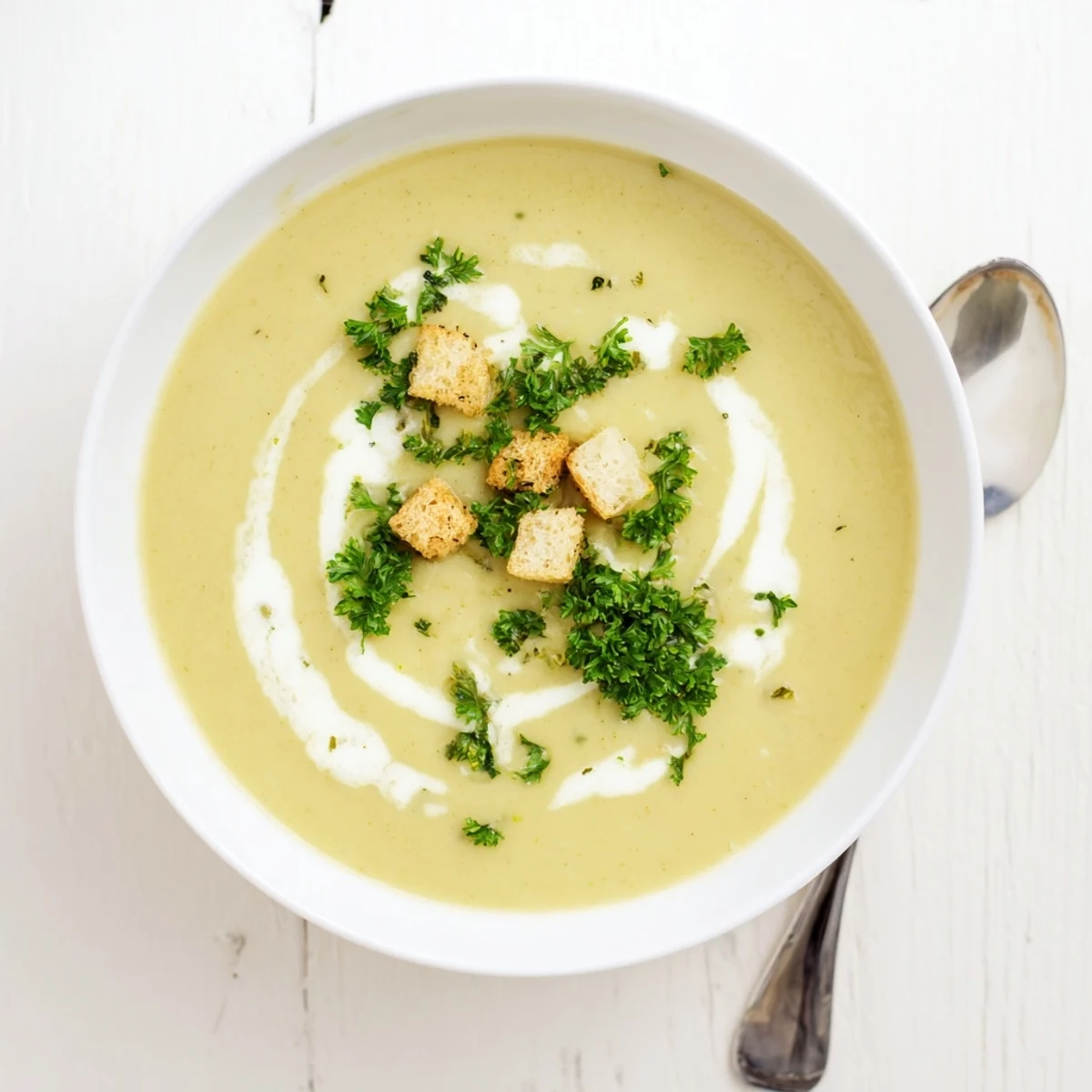 Creamy roasted broccoli stem and white bean soup garnished with fresh parsley and croutons in a rustic bowl