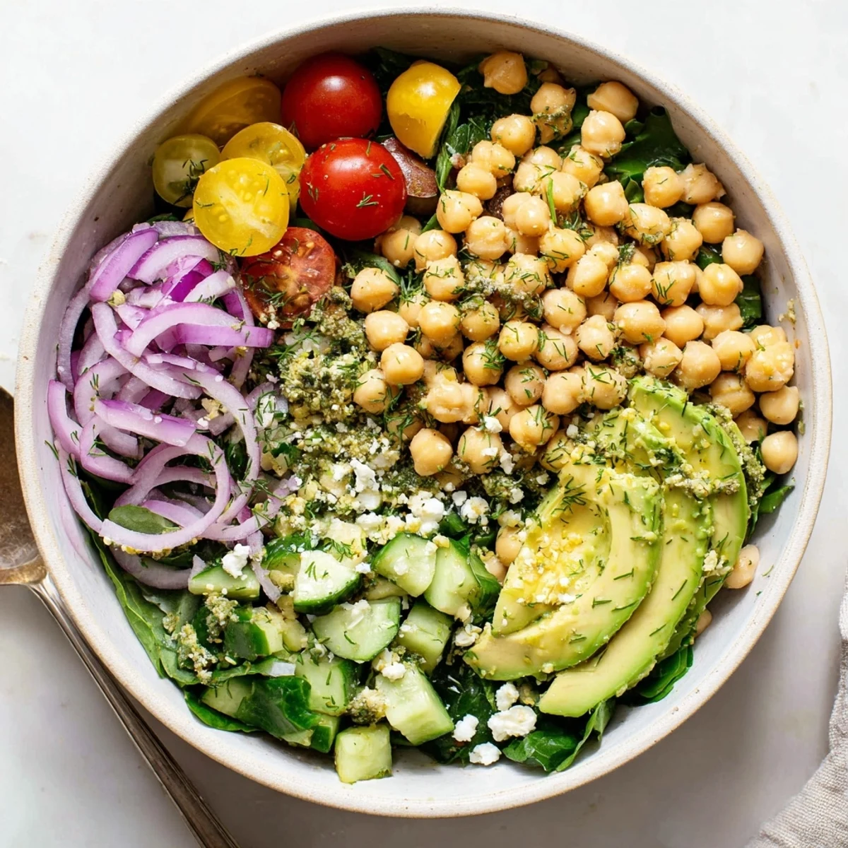 Vibrant Mediterranean-inspired breakfast bowl topped with creamy avocado crumbly feta and zesty fresh dill garnish