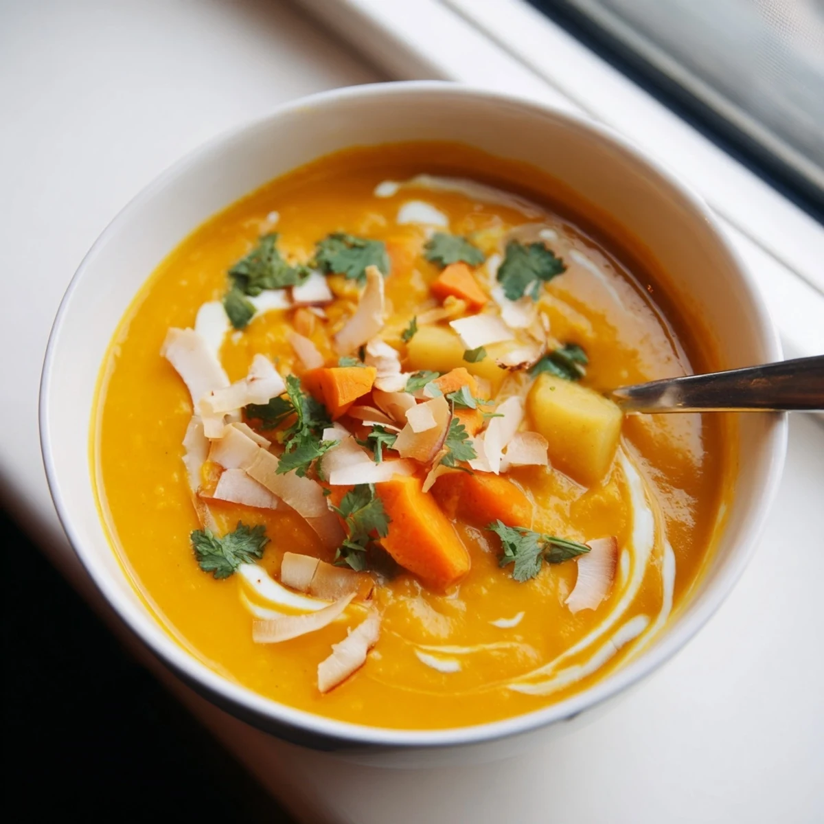 Creamy spiced coconut carrot yellow lentil soup garnished with fresh cilantro and toasted coconut flakes