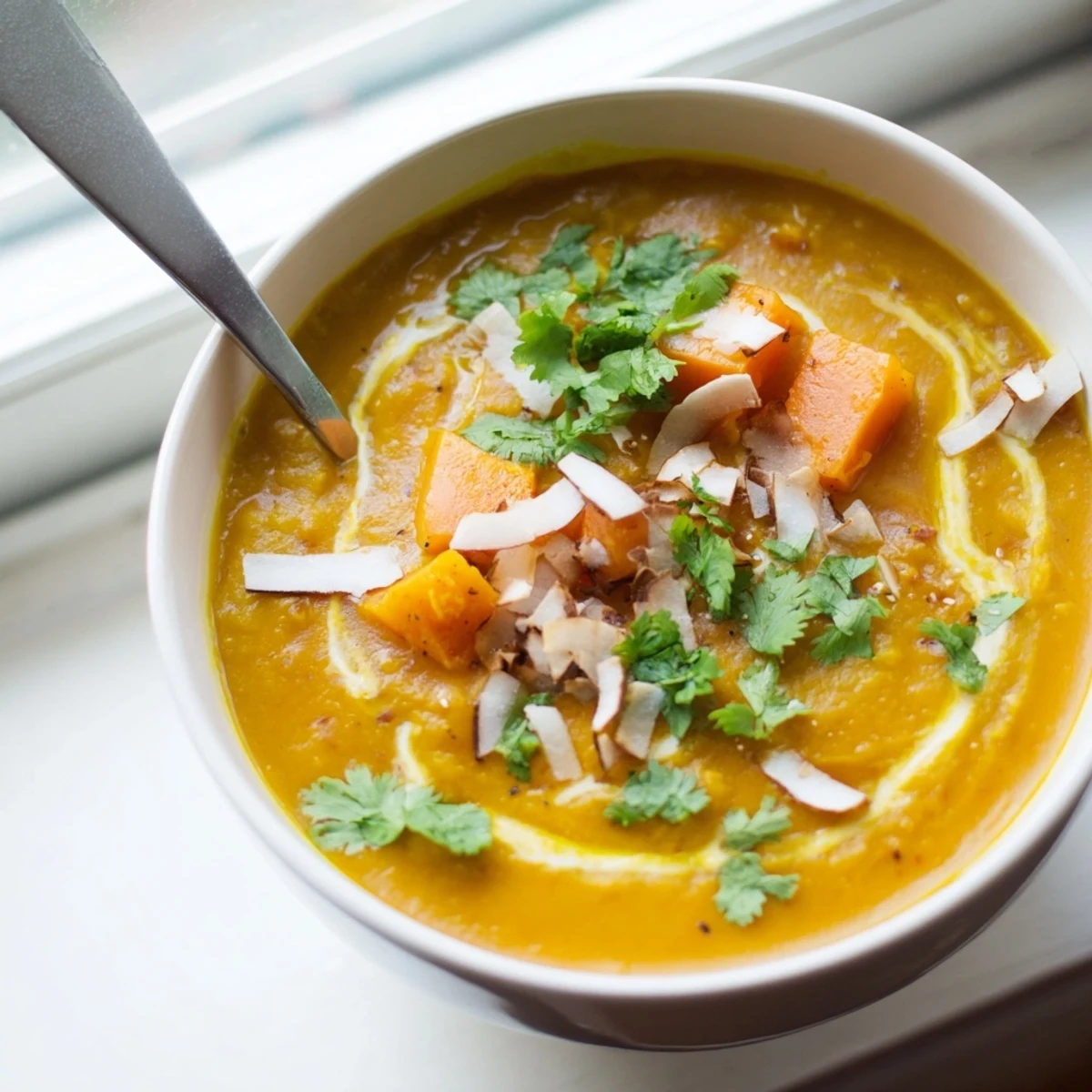 Hearty bowl of yellow lentil soup with carrots and coconut milk, sprinkled with red chili flakes