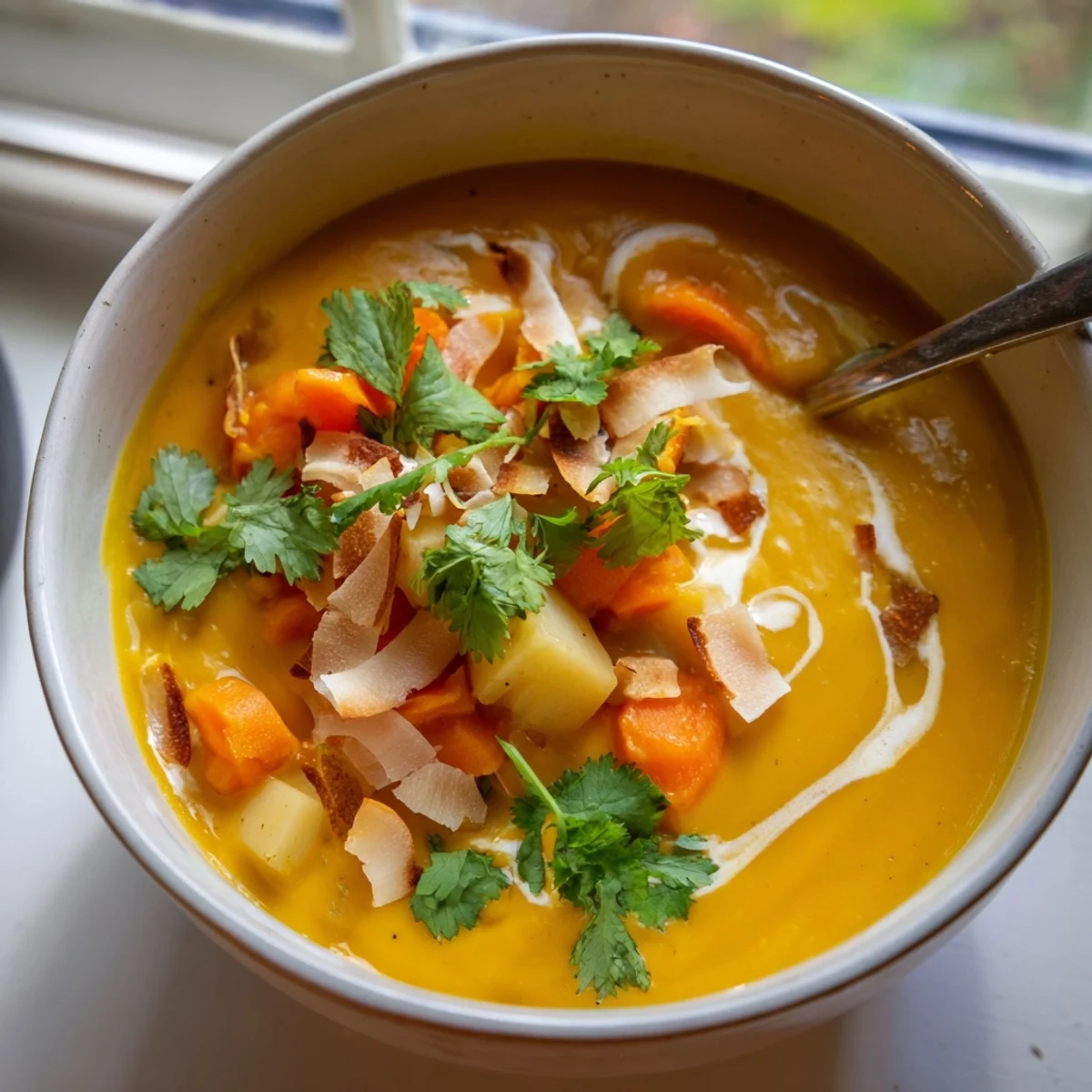 Smooth vegan coconut carrot lentil soup served in a white bowl with lime wedge and cilantro