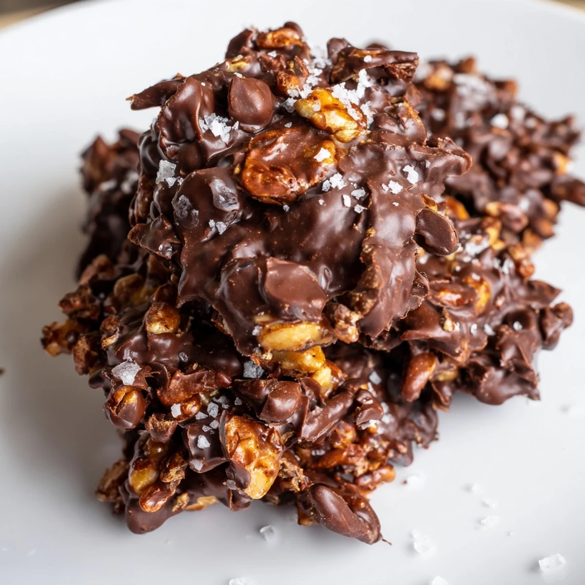 Dark chocolate hazelnut date crunch clusters piled high with glistening melted chocolate coating