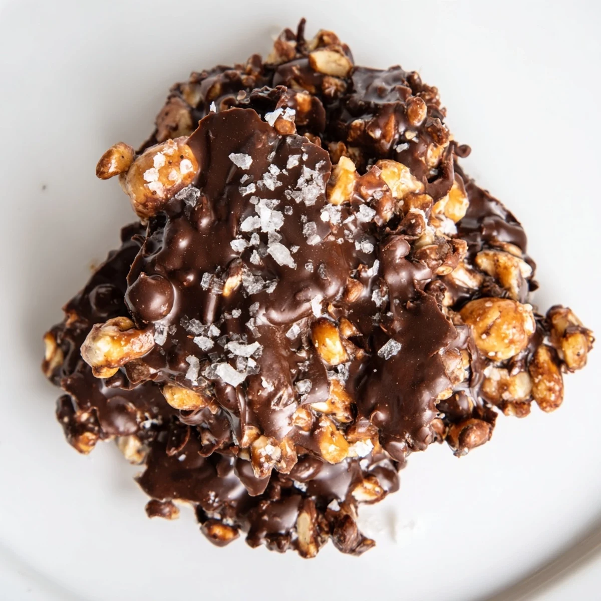 Homemade dark chocolate hazelnut date crunch clusters drizzled with melted chocolate and sea salt