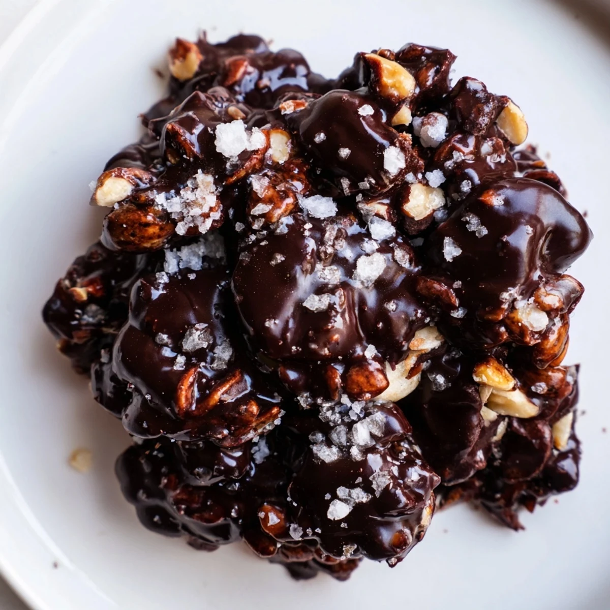 Bite-sized dark chocolate hazelnut date crunch clusters arranged on parchment paper ready for serving