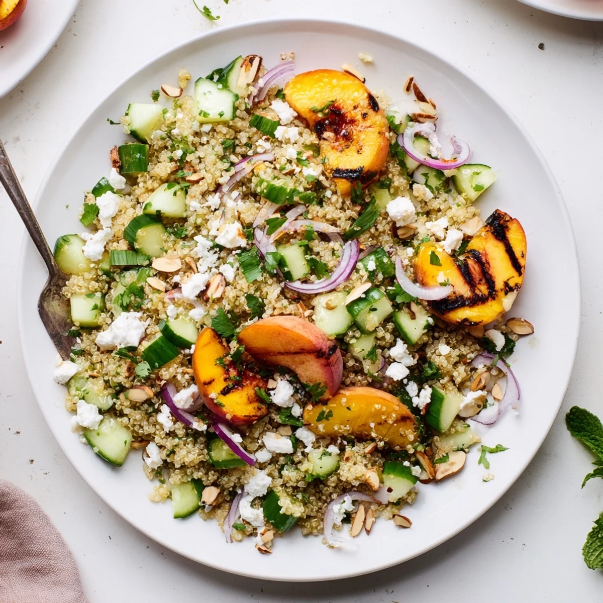 Golden grilled nectarine wedges atop a fluffy quinoa grain salad with fresh mint and arugula