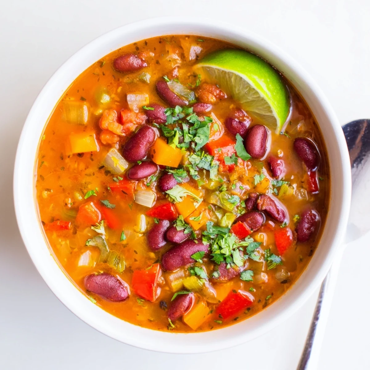 Rustic smoky kidney bean and sweet pepper hearty soup garnished with fresh cilantro in a white bowl