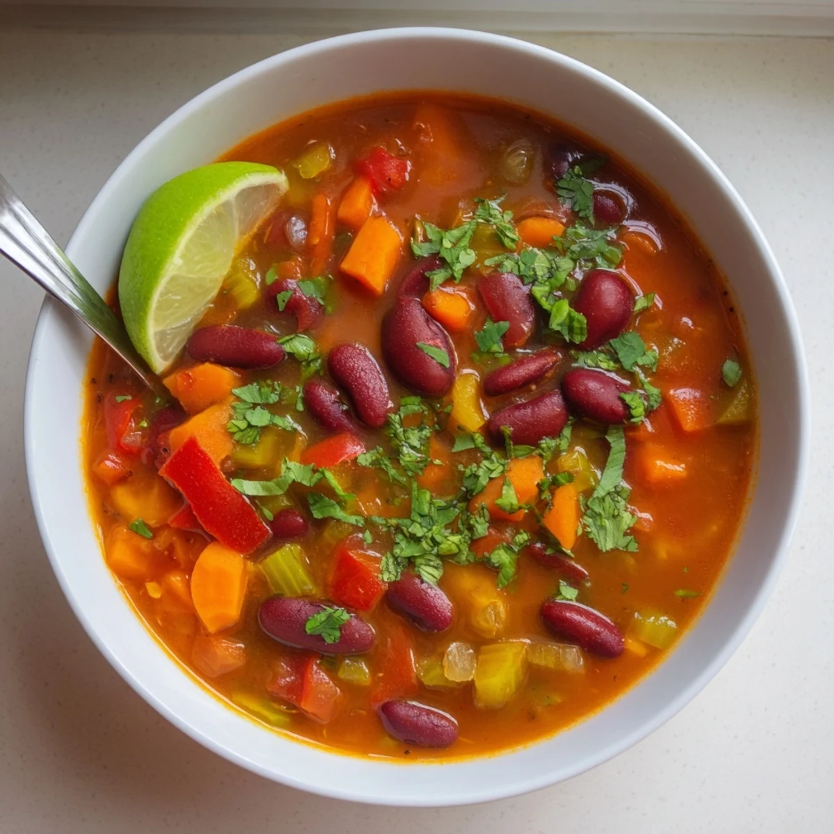 Spoon lifting smoky kidney bean and sweet pepper hearty soup topped with vibrant green parsley and lime