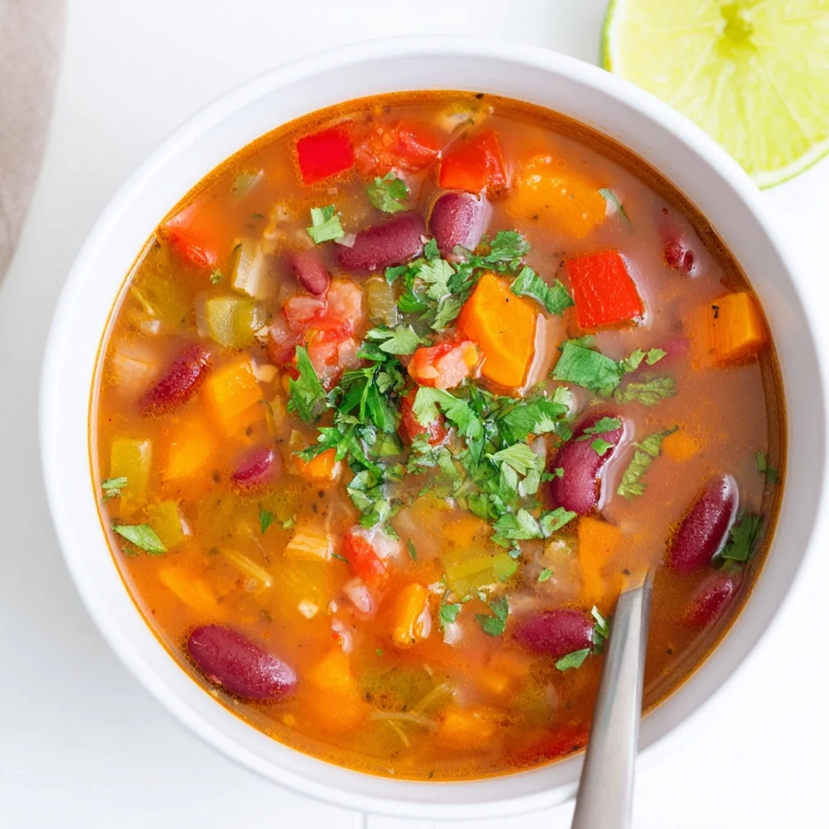 Steaming bowl of smoky kidney bean and sweet pepper hearty soup with diced vegetables visible