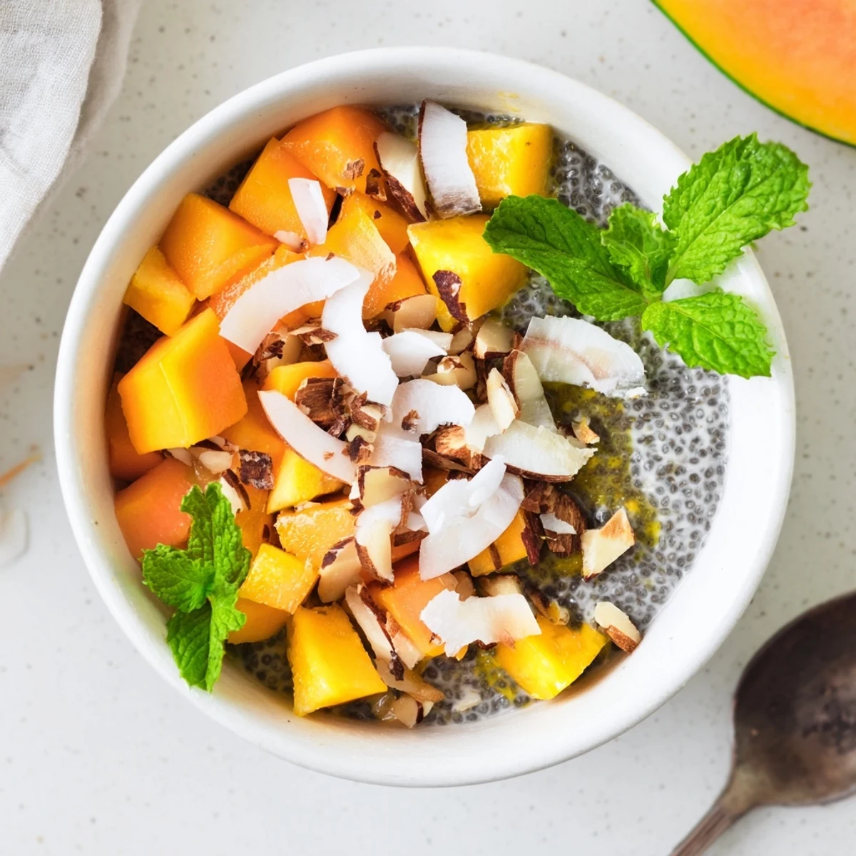 Golden papaya mango coconut chia breakfast bowl topped with fresh mint and toasted almonds
