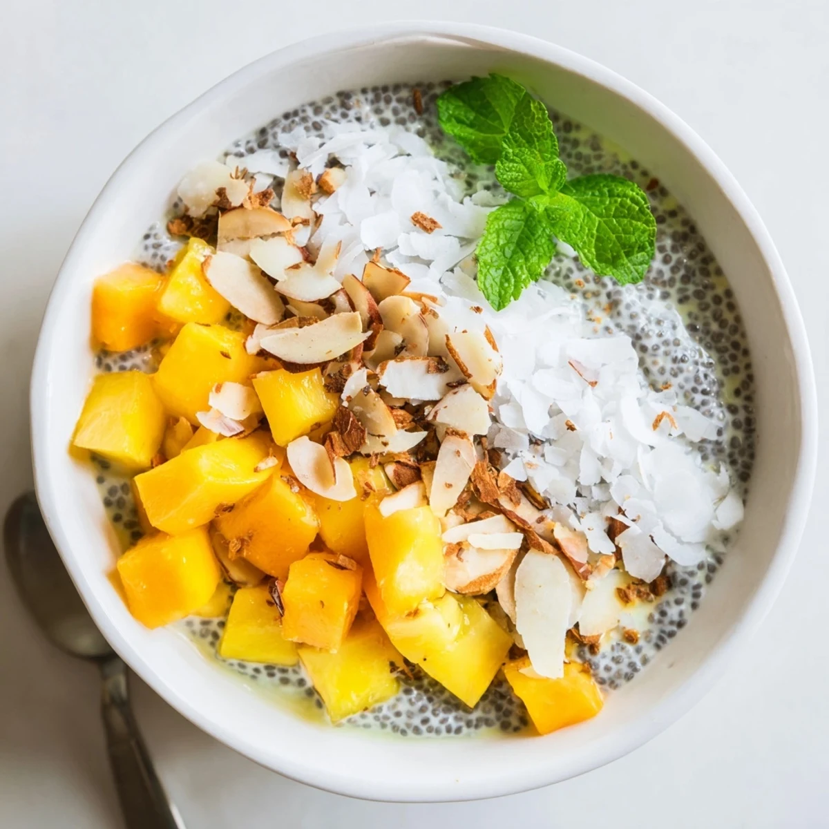 Vegan papaya mango coconut chia breakfast bowl garnished with shredded coconut and granola crunch