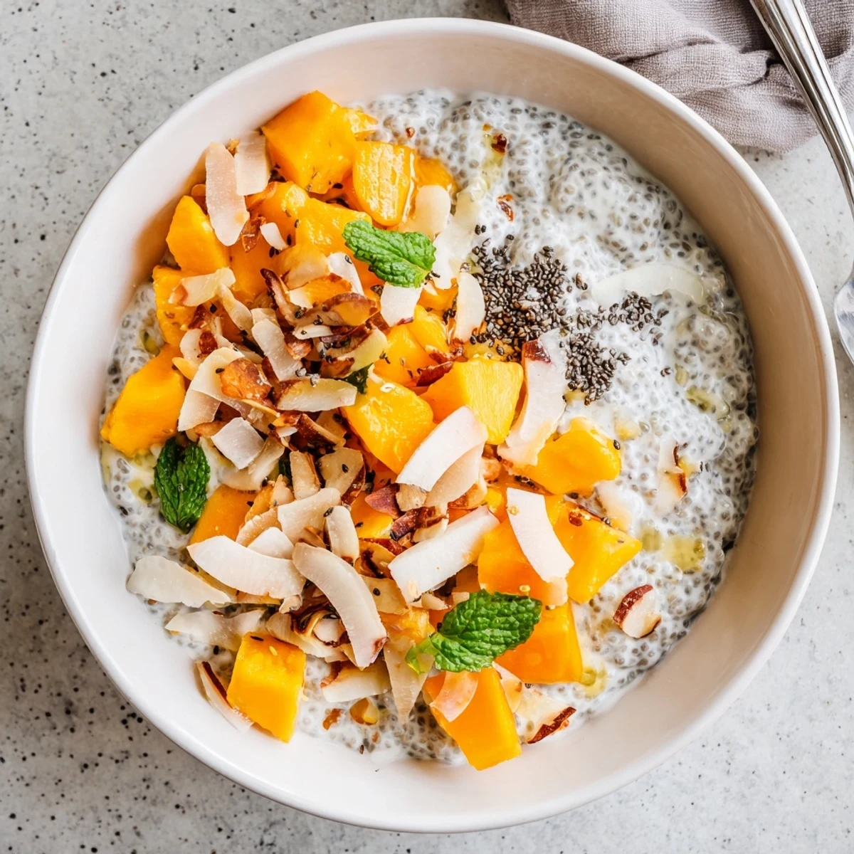 Creamy coconut chia breakfast bowl layered with vibrant diced papaya and sweet tropical mango