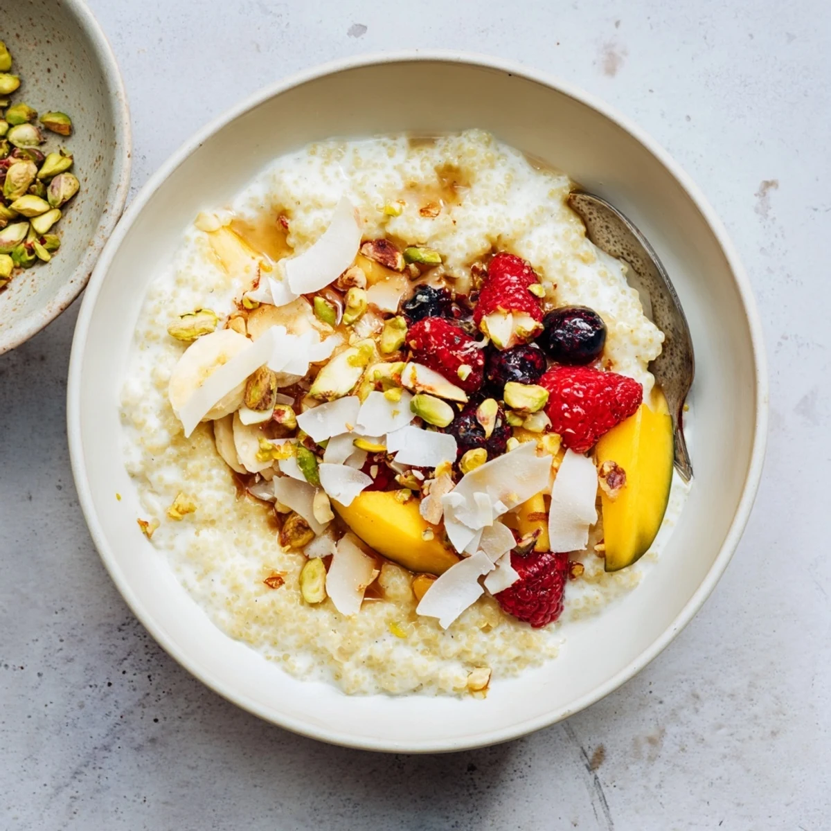 Creamy vanilla cardamom millet porridge bowl topped with fresh berries, banana slices, and crunchy almonds