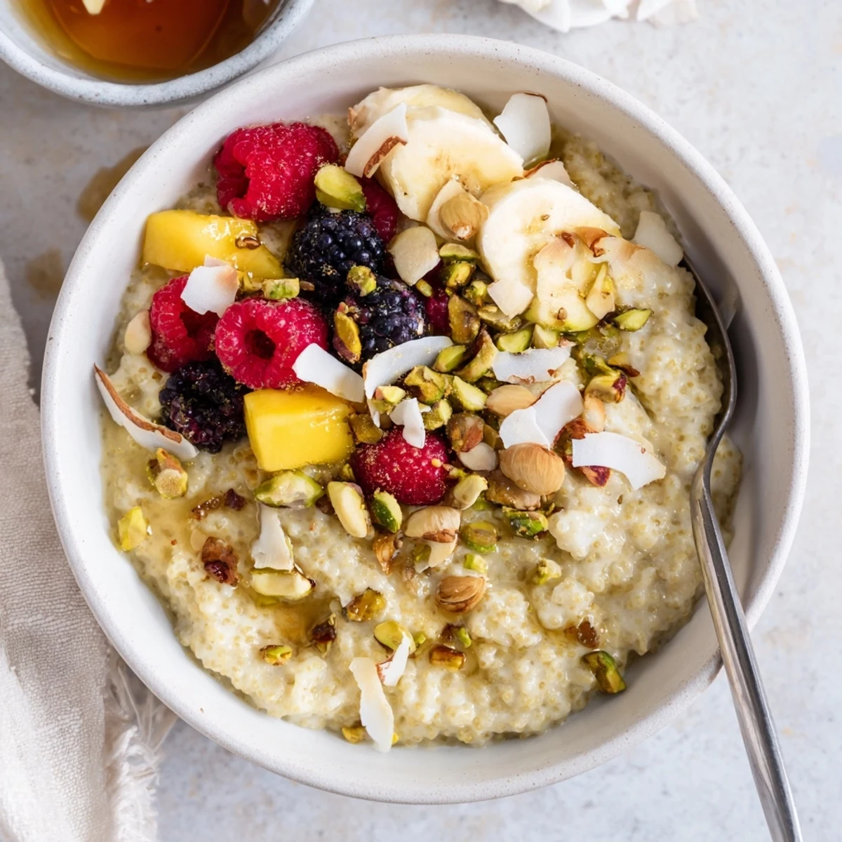 Warm breakfast bowl of aromatic vanilla cardamom millet porridge garnished with pistachios and sweet mango