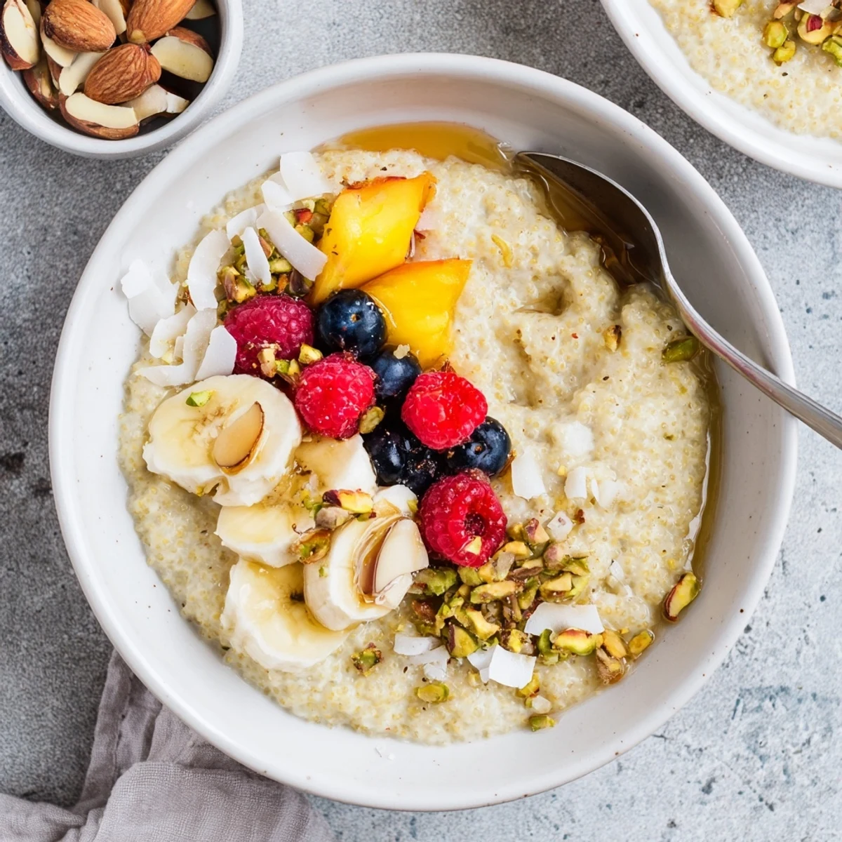 Golden millet porridge infused with vanilla and cardamom, served with toasted coconut and mixed fruit