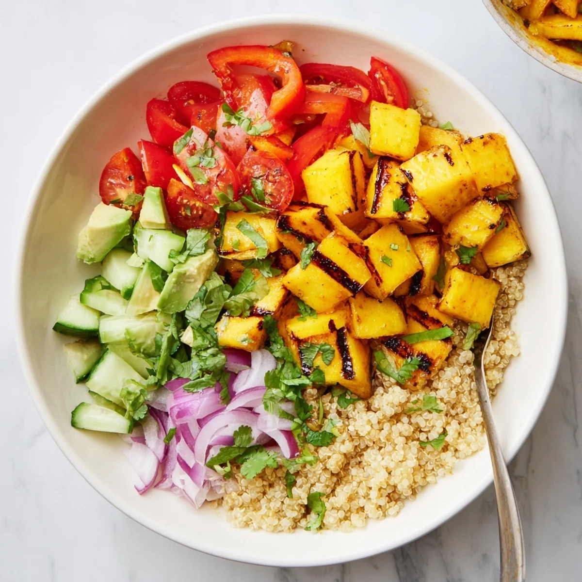 Fresh summer grilled mango chili quinoa grain salad plated with cilantro and red bell pepper