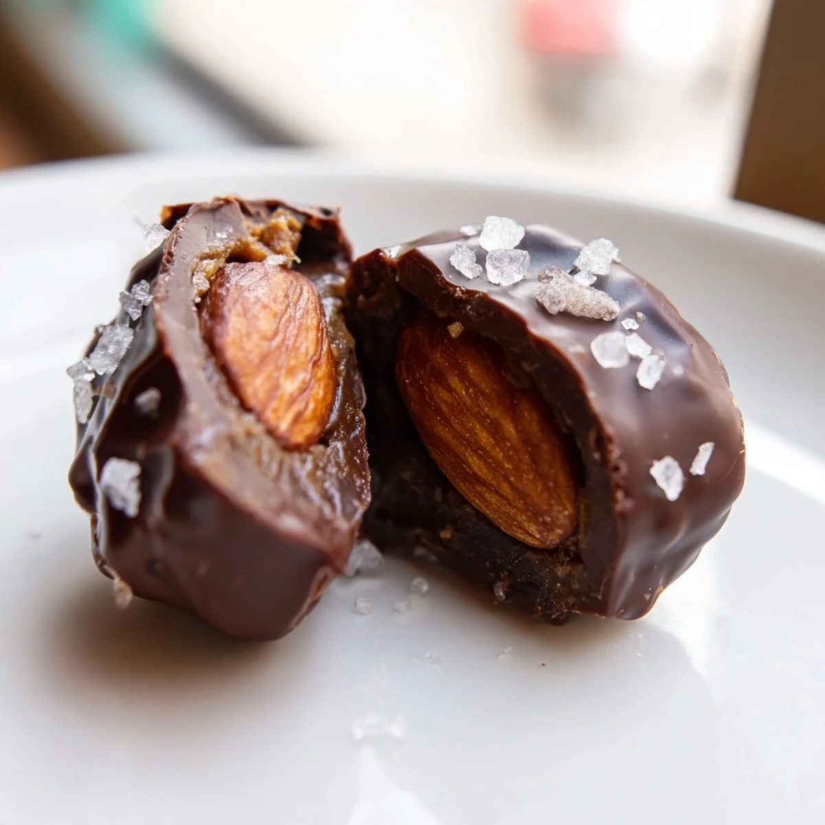 Rich dark chocolate coating stuffed Medjool dates filled with creamy almond butter and crunchy roasted almonds