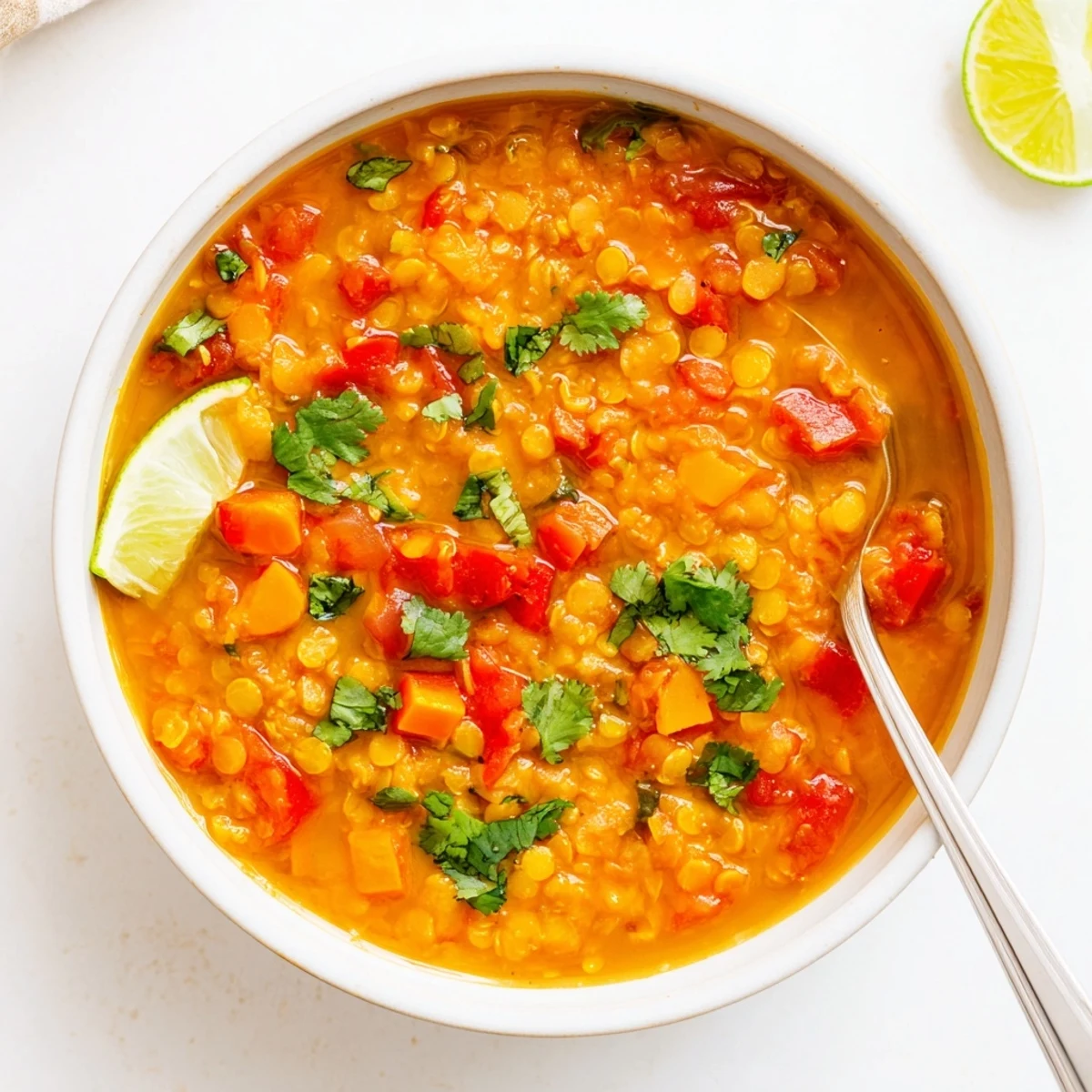 Creamy spiced coconut tomato split lentil soup garnished with fresh cilantro and lime wedges in a white bowl