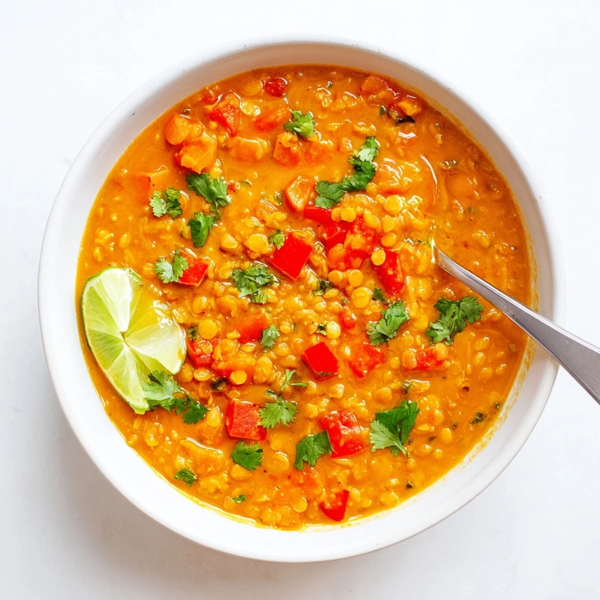Golden yellow split lentils simmered in aromatic coconut milk with tomatoes and colorful diced vegetables