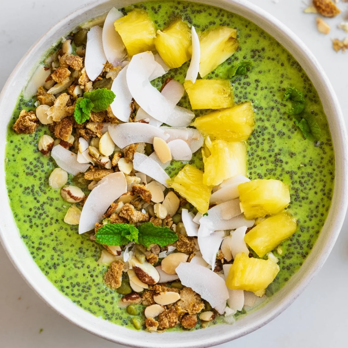 Vibrant pineapple coconut matcha chia breakfast bowl topped with fresh fruit, coconut flakes, crunchy granola, and mint garnish