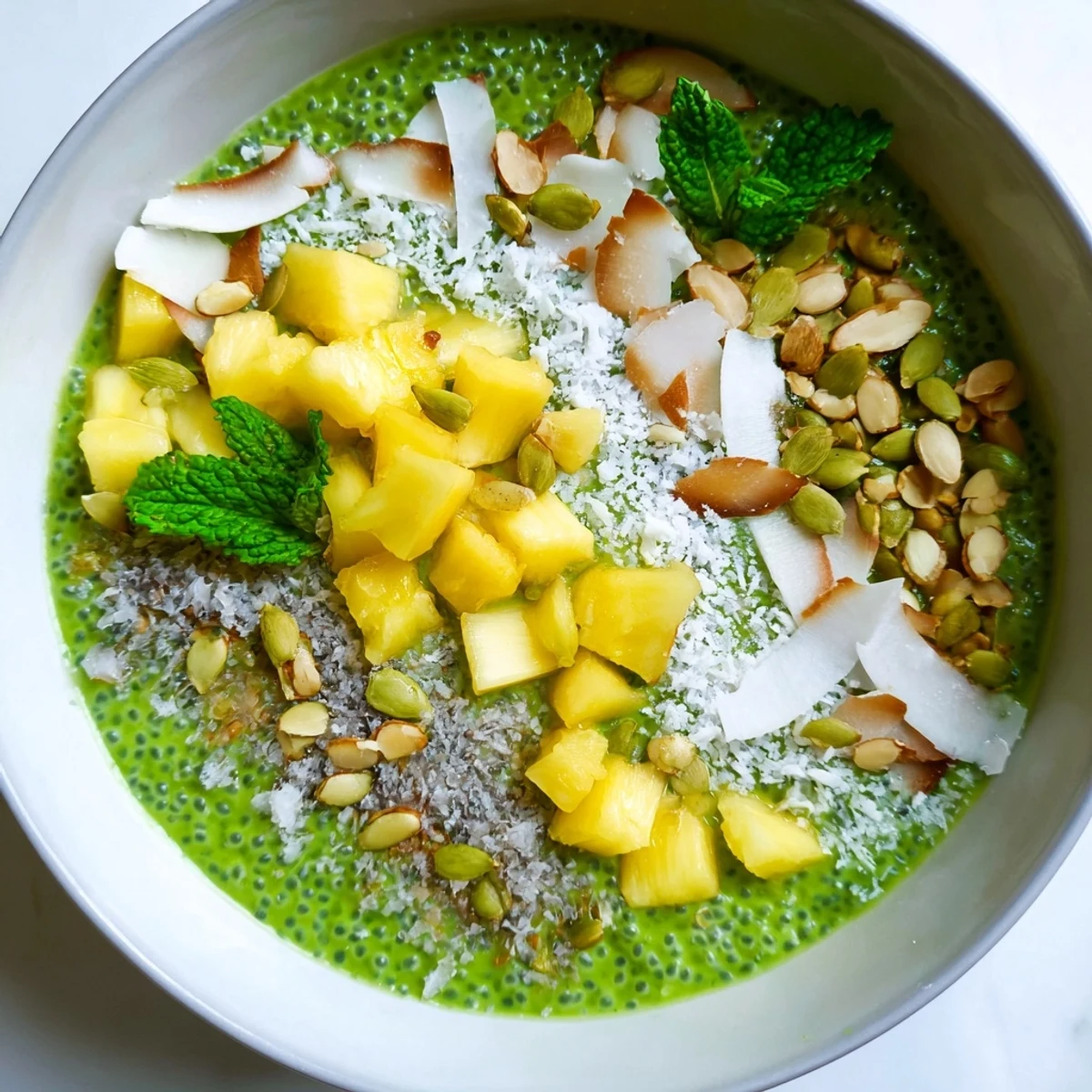 Refreshing vegan breakfast bowl featuring matcha infused coconut chia pudding with pineapple chunks, almonds, and pumpkin seeds