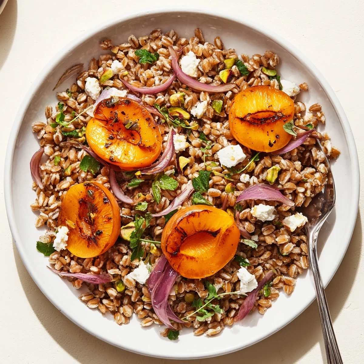 Golden roasted apricots and nutty farro tossed with fresh herbs in a roasted apricot thyme farro grain salad