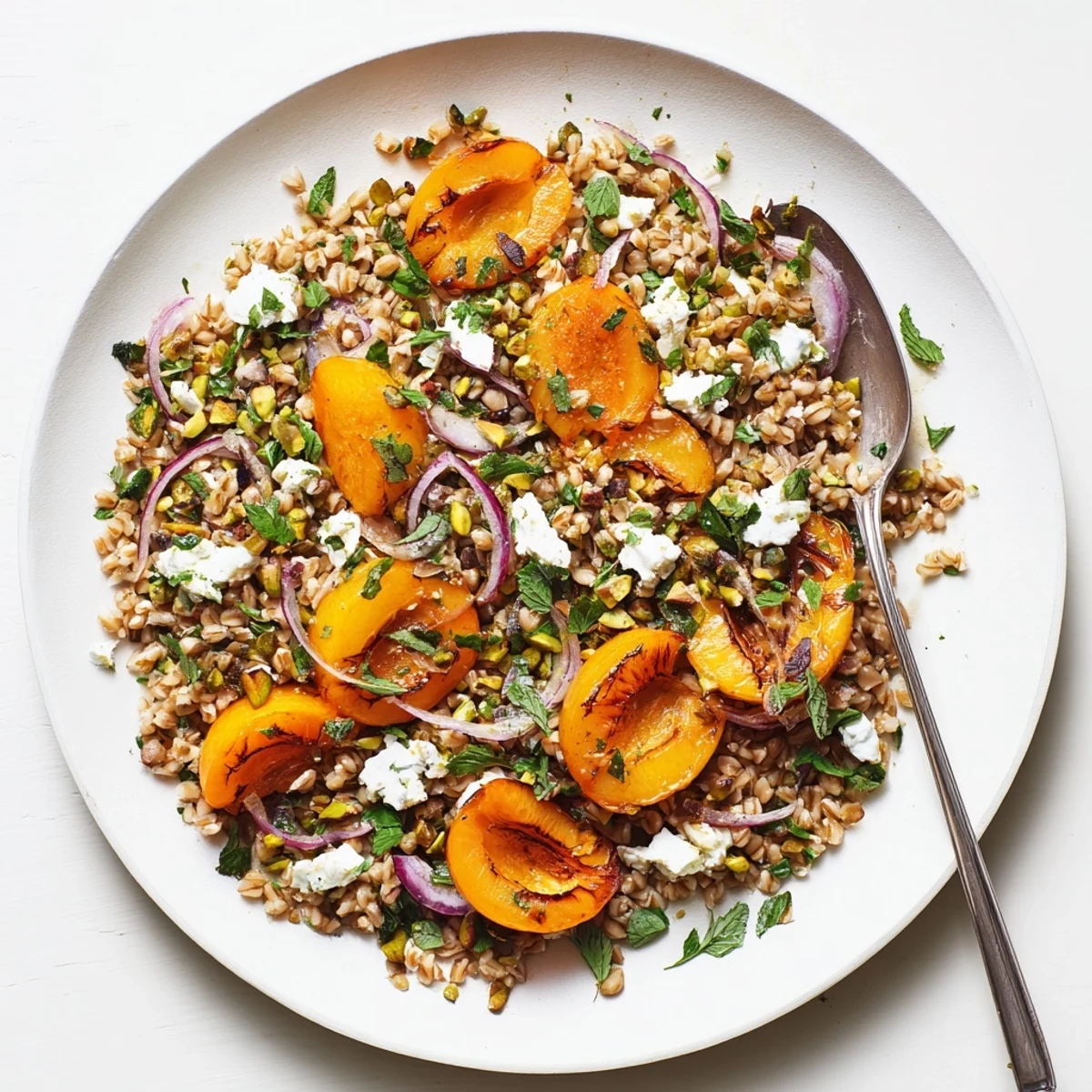 Colorful Mediterranean-style roasted apricot thyme farro grain salad with caramelized fruit and crumbled feta topping