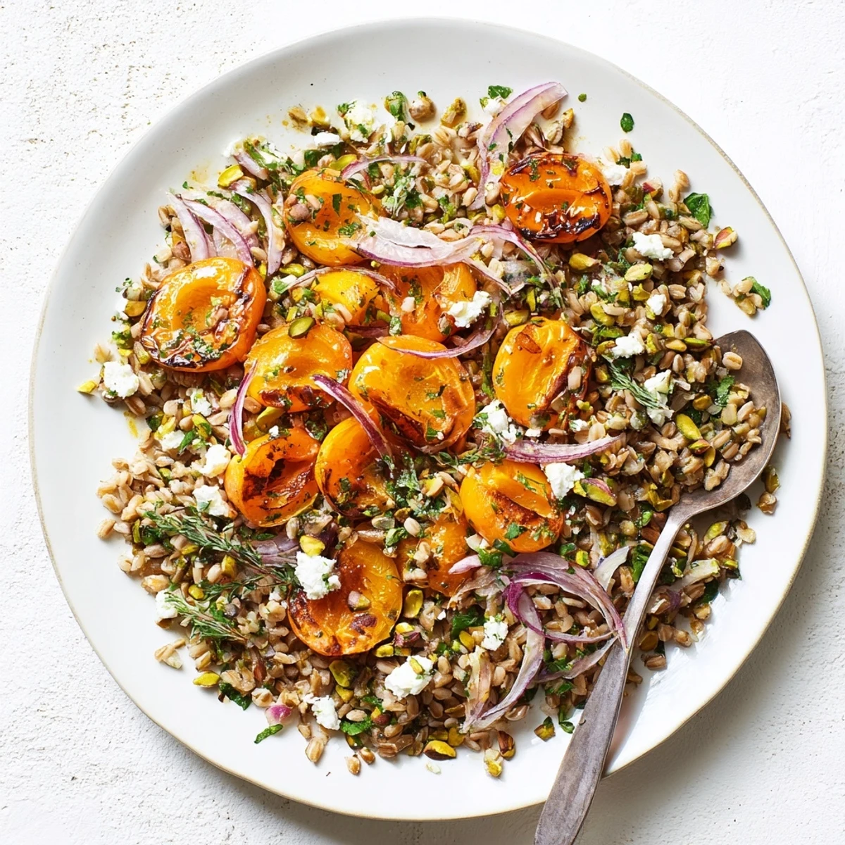 Wholesome roasted apricot thyme farro grain salad featuring tender grains, sweet fruit, and bright lemon dressing