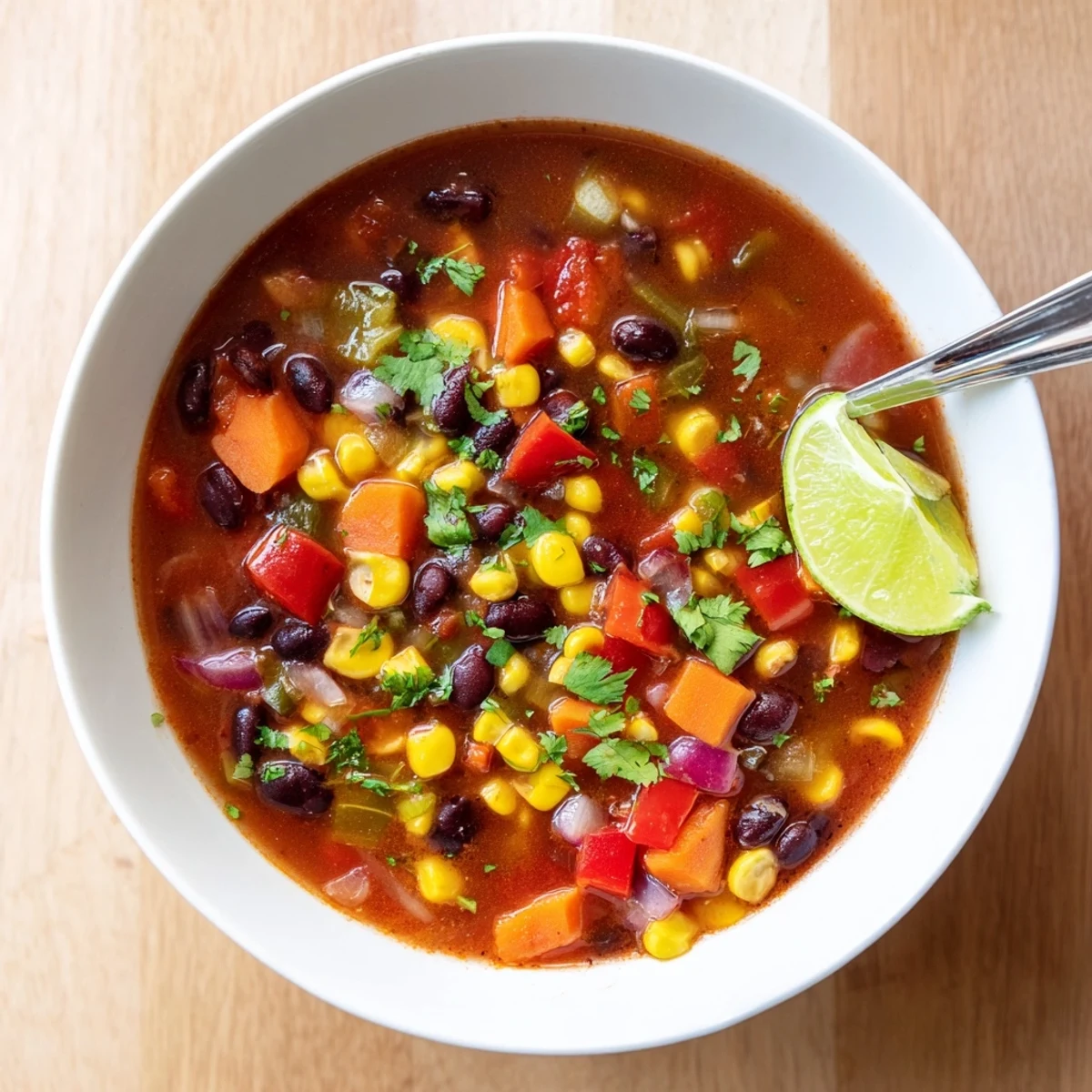 Bowl of thick smoky black bean and corn hearty soup garnished with zesty lime wedges