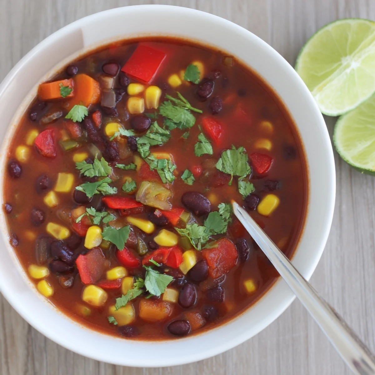 Rich smoky black bean and corn hearty soup topped with fresh cilantro and creamy avocado slices
