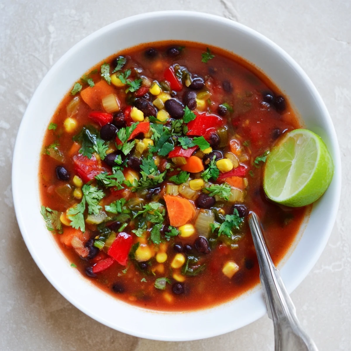 Steaming smoky black bean and corn hearty soup with vibrant red bell peppers and sweet corn kernels