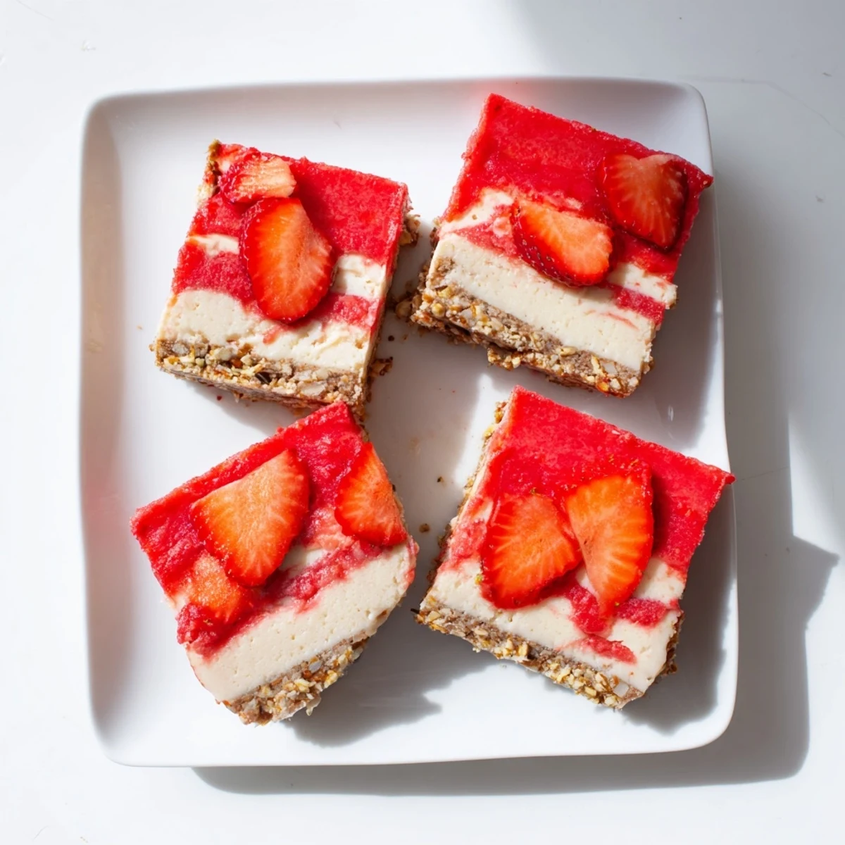 Fresh strawberry lemon cashew cream squares sliced on a white serving plate
