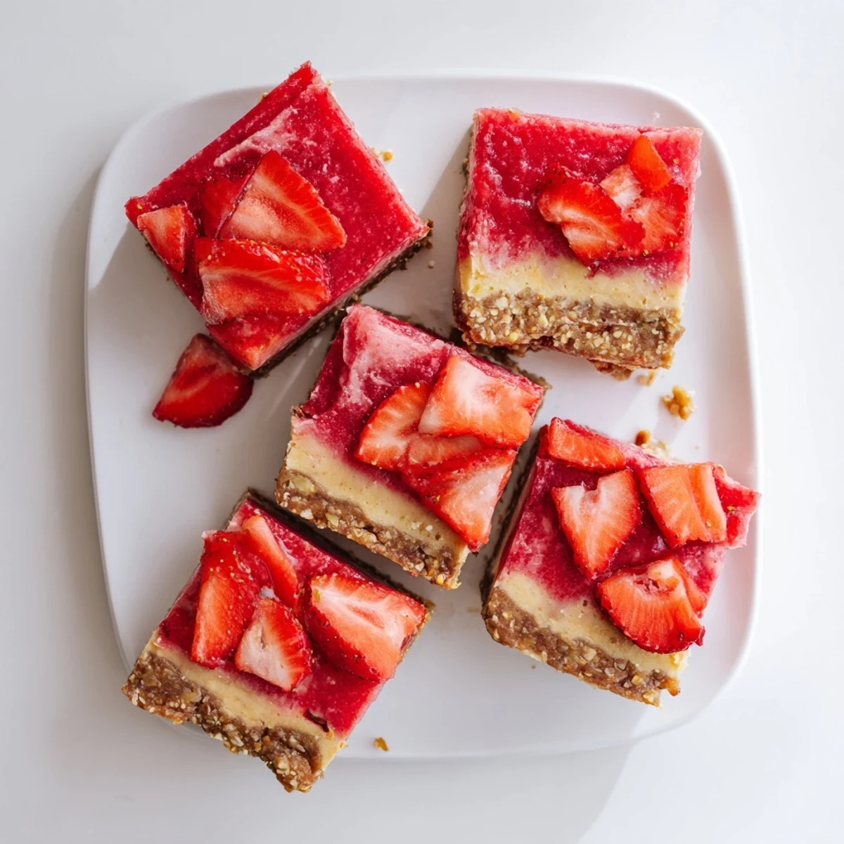 Vegan gluten-free strawberry lemon cashew cream squares on a wooden cutting board