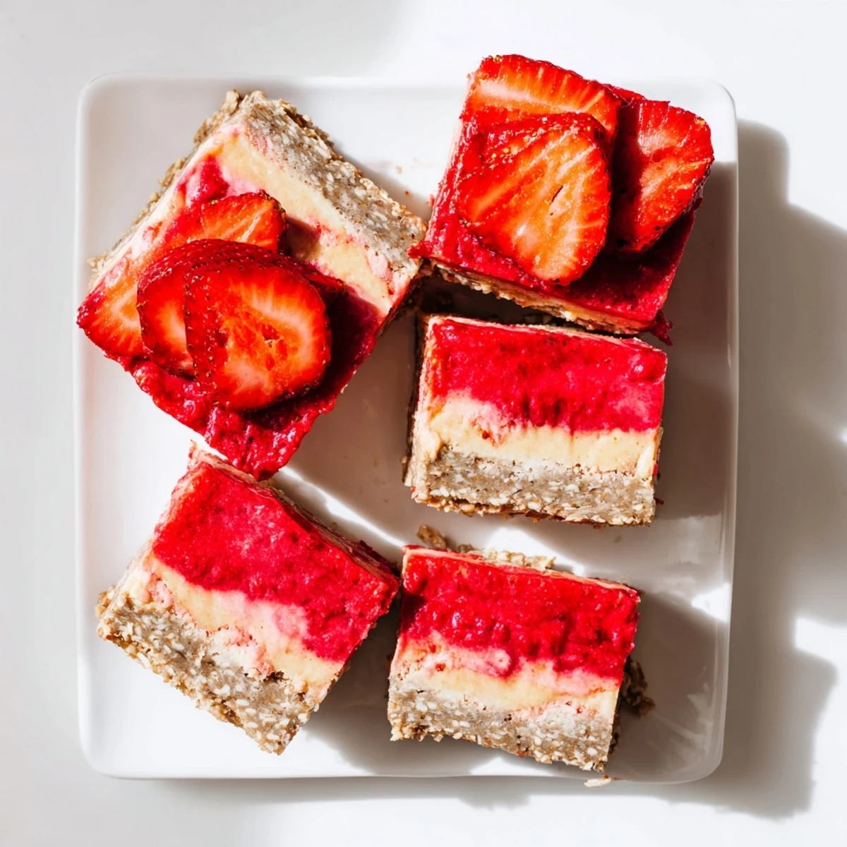 Vibrant layered strawberry lemon cashew cream squares with nutty crust and fruity topping