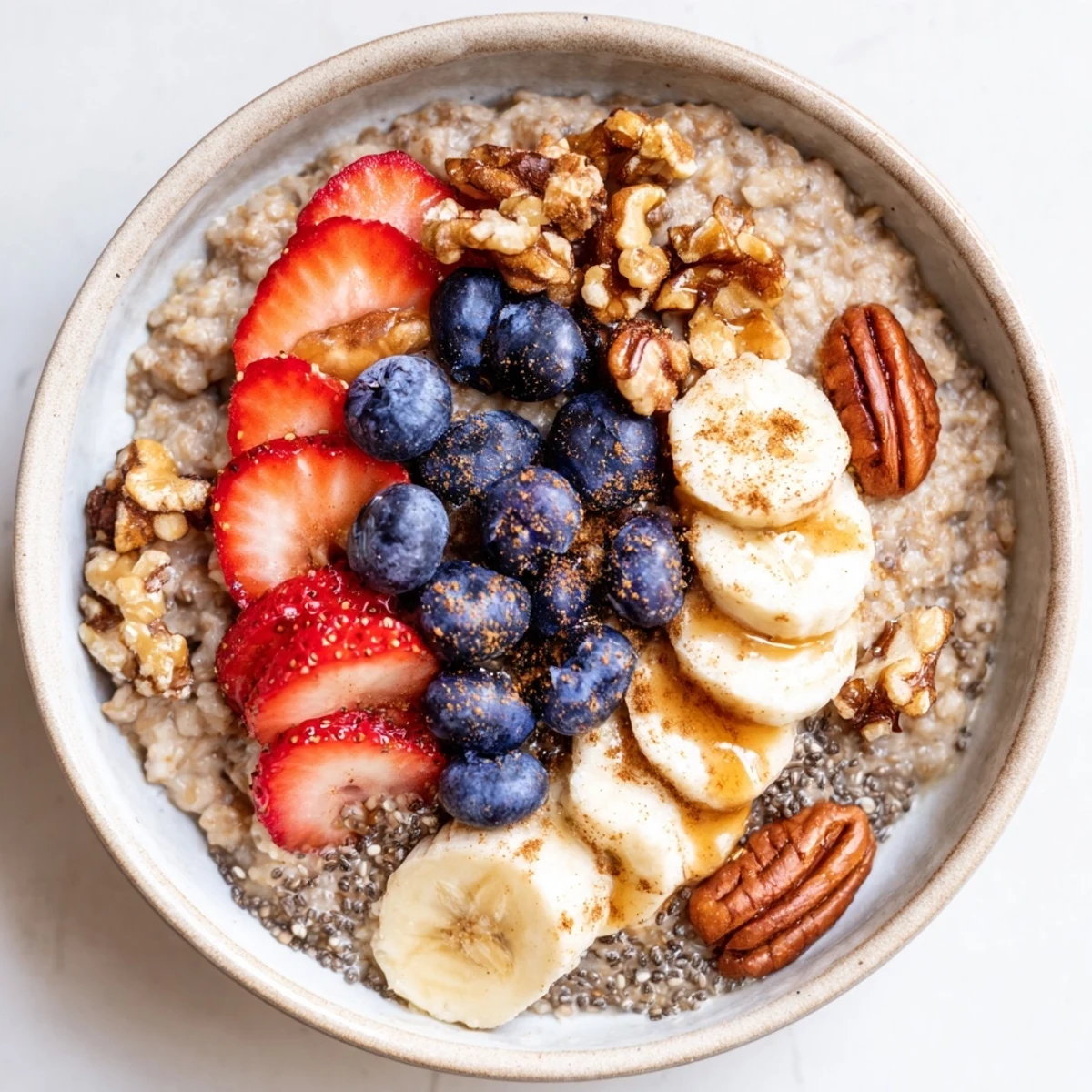 Warm gluten-free breakfast porridge featuring buckwheat groats sweetened with maple syrup and vanilla, garnished with colorful fruit