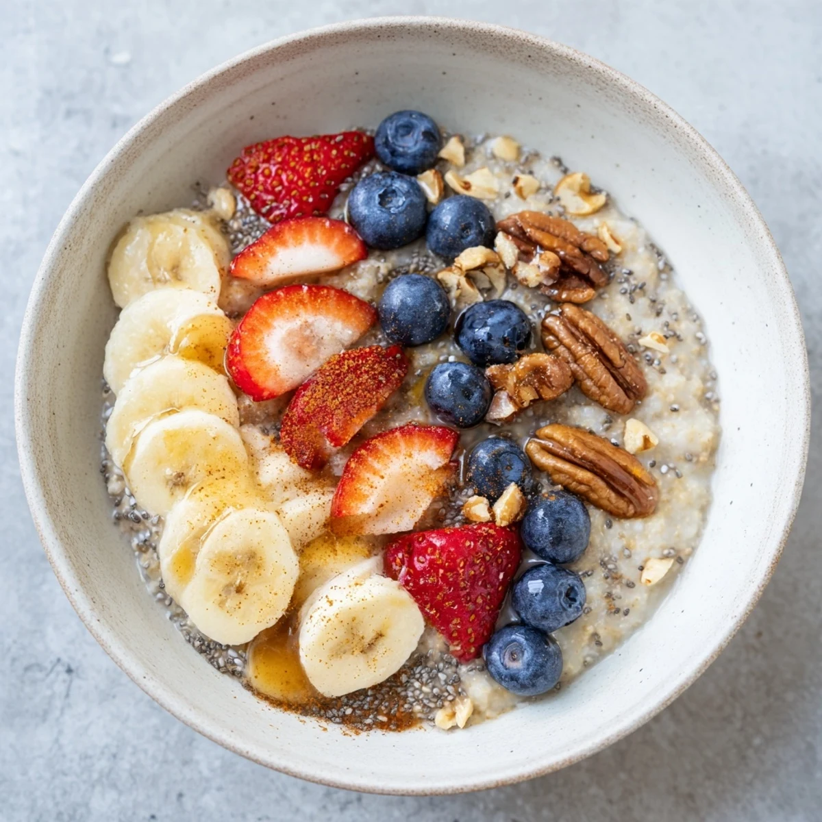 Creamy vanilla maple buckwheat porridge bowl topped with fresh berries, sliced banana, and crunchy toasted nuts