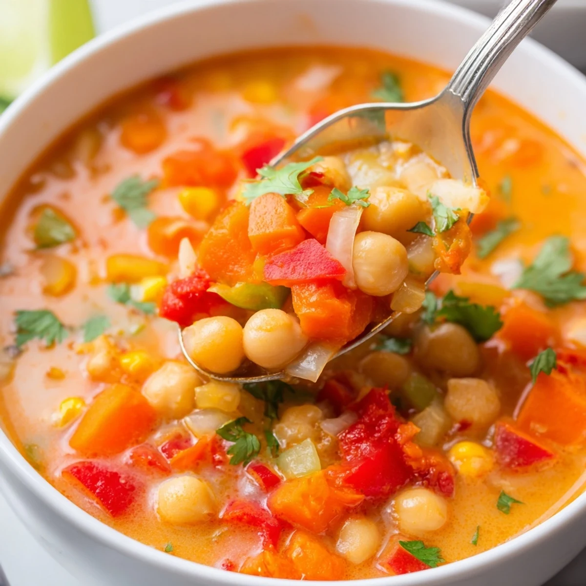 Spiced Coconut Tomato Chickpea Hearty Soup steaming, creamy bowl with cilantro  