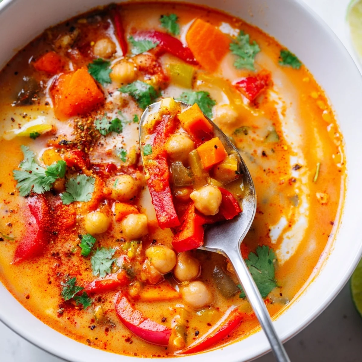 Bright Spiced Coconut Tomato Chickpea Hearty Soup, rich broth and lime wedge  