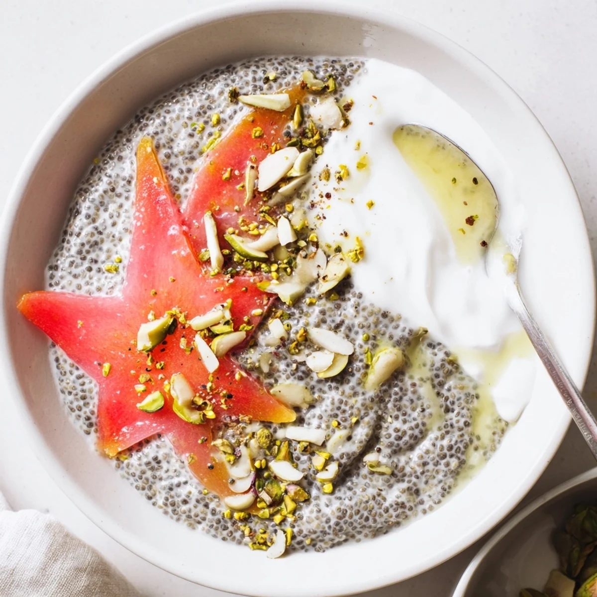 Bright Starfruit Coconut Lime Chia Breakfast Bowl garnished with lime zest and pumpkin seeds