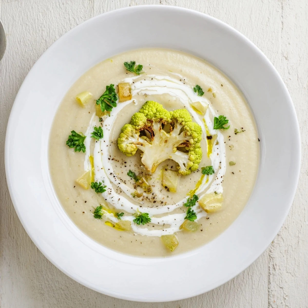 Warm bowl of Creamy Roasted Romanesco and White Bean Hearty Soup with crusty bread