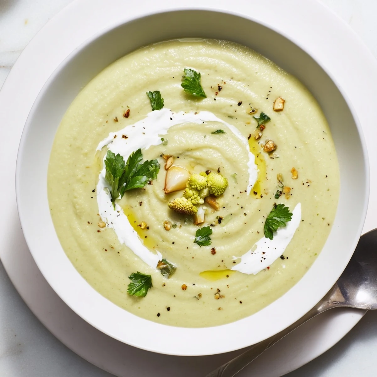 Creamy Roasted Romanesco and White Bean Hearty Soup, velvety with roasted florets and parsley