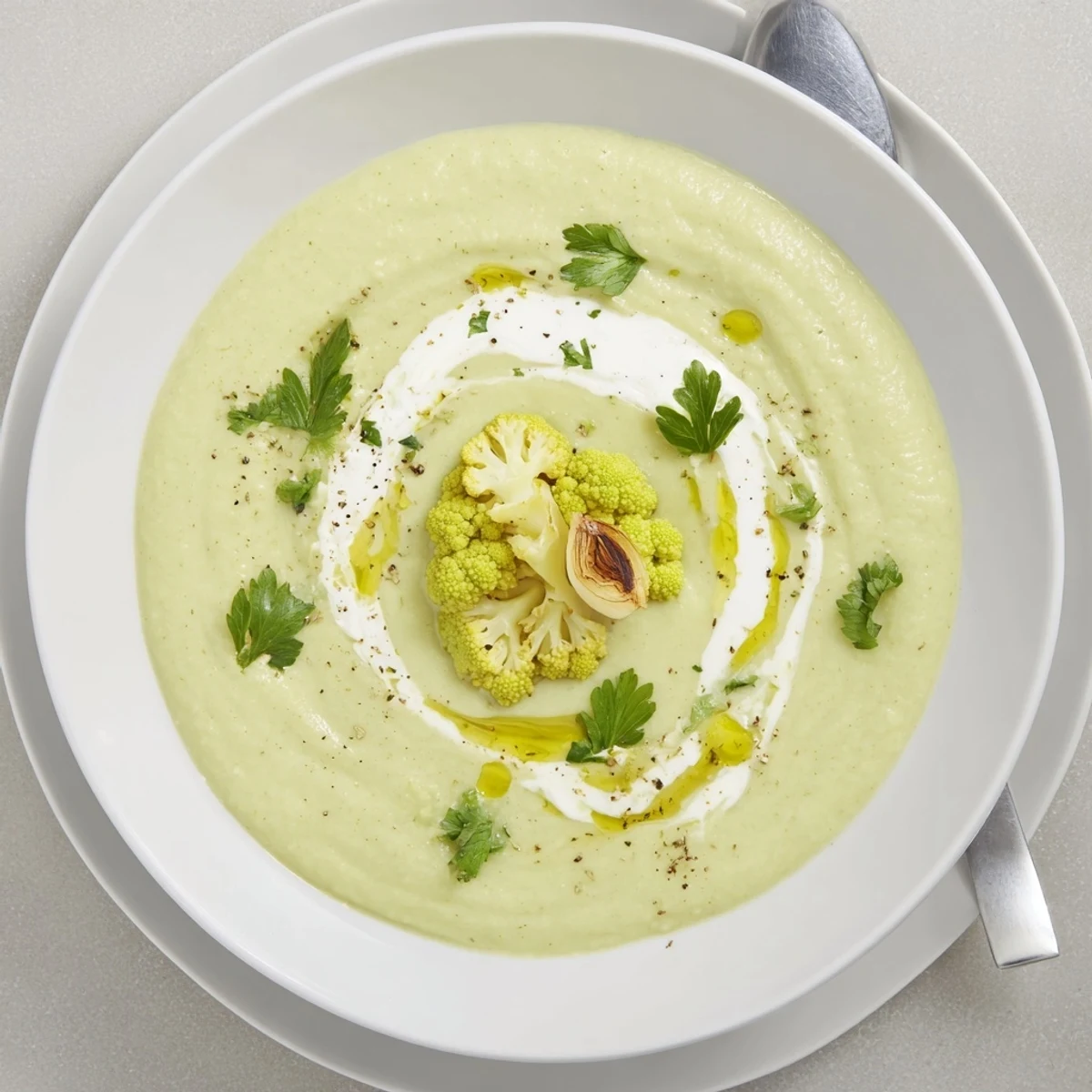 Velvety roasted florets and white beans: Creamy Roasted Romanesco and White Bean Hearty Soup
