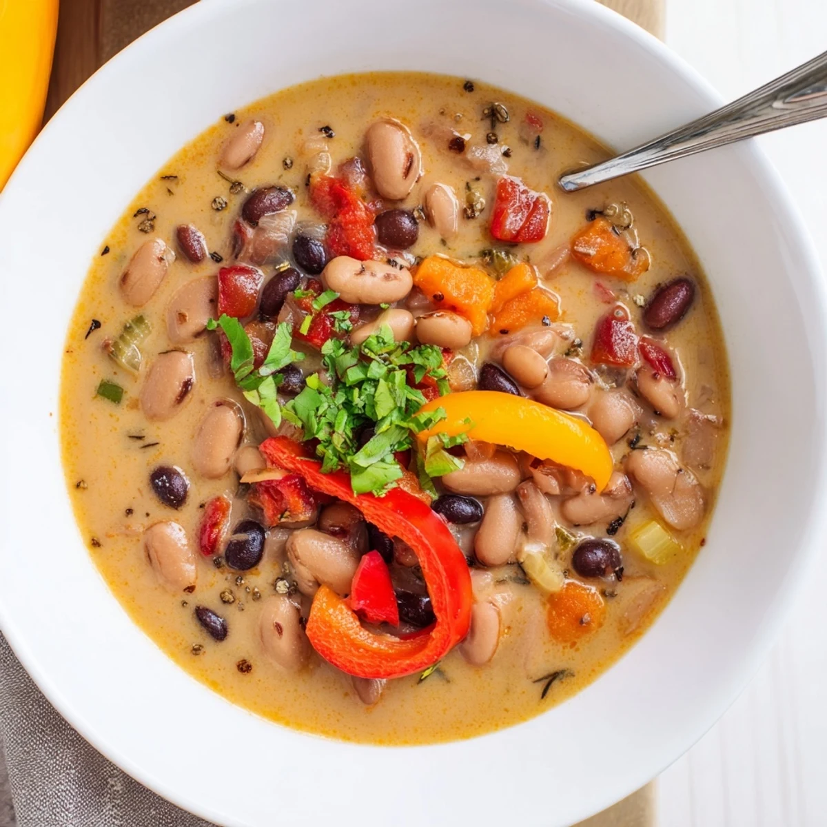 Steaming bowl of Smoky Pinto Bean and Roasted Pepper Hearty Soup