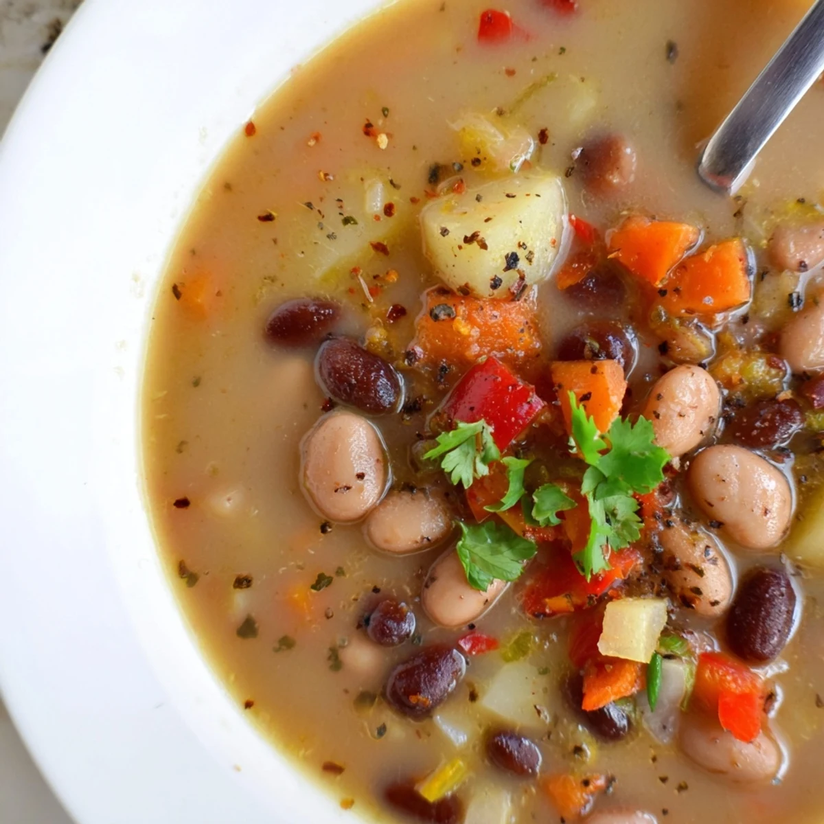 Rust-colored Smoky Pinto Bean and Roasted Pepper Hearty Soup garnished with lime