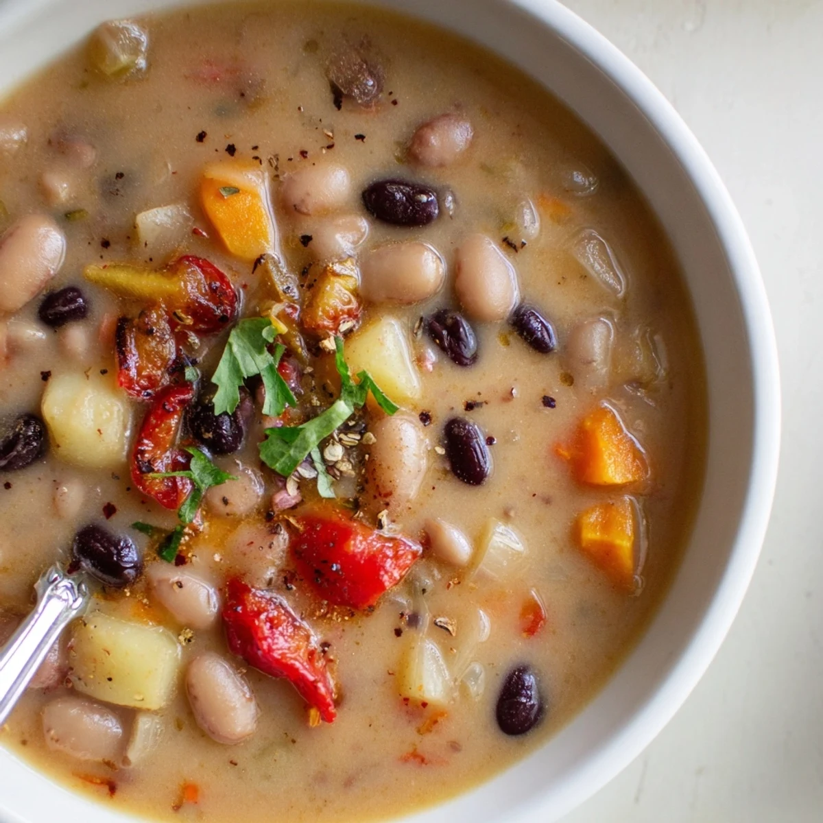 Smoky Pinto Bean and Roasted Pepper Hearty Soup with crusty bread, cilantro